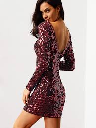Wine Red Long Sleeve Sequined Backless Dress Makemechic Com Long Sleeve Sequin Dress Fashion Dresses Online Fashion