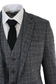 Black 3 Piece Suit Mens Check Vintage Retro Herringbone Tweed Grey Black 3 Piece Suit Tailored Fit Tailored Suits Herringbone Tweed 3 Piece Suits