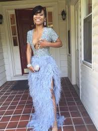 Custom Made Plunging V Neck Feather Embellished Evening Dress Prom Dresses Cocktail Dress Wedding Dress With Rhinestones And Side Split Feather Prom Dress Evening Dresses With Sleeves Long Prom Gowns