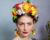 Diadema Frida Kahlo Amarillo Naranja Rojo Blanco diadema de flores corona  mexicana cinco de mayo Corona de flores grande Accesorios de boda Magaela