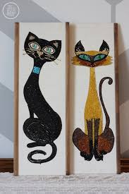 Vintage Mid Century Modern Pebble Art Cats Etsy Mid Century Cat Pebble Art Retro Art