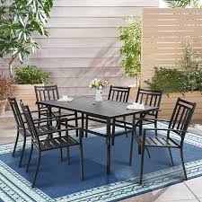 Wooden outdoor dining sets are a great choice for locations that experience high winds while powder coated steel and aluminium outdoor dining sets that might be a cosy 3 piece outdoor dining set right up to a 10 seater outdoor dining table set. Mf Studio 7pcs Patio Dining Set Modern Patio Furniture Outdoor Furniture With 6pcs Metal Dining Chairs And 1pc Rectangular Dining Table Black From Mf Studio Accuweather Shop