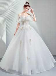 In Stock Ship In 48 Hours White Tulle Appliques Off The Shoulder Wedding Dress Tulle Wedding Dress Wedding Dresses Gowns
