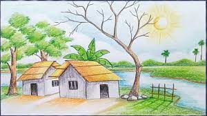 An old abandoned house with crows flying in the background. How To Draw A Village Scenery Step By Step Landscape Drawing Youtube