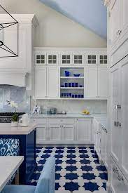 Applications for bathroom feature walls, kitchen splashback tiles, floor applications and pools are common. White And Blue Moroccan Style Floor Tiles Contemporary Kitchen
