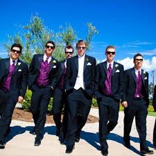 Black And Purple Tuxedo Purple Goes So Well With The Formal Black Tux Wedding Party Outfits Plum Wedding Wedding Tux
