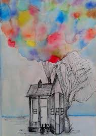 Once you have the basic shape down you can get creative with windows draw a vertical line across the horizontal line you had drawn earlier. My Up Movie Painting By Walkingfuneral On Deviantart