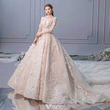 Elegant Champagne Wedding Dresses 2019 A Line Princess Scoop Neck Pearl Appliques Lace Flower Long Sleeve Backless Royal Train Wedding Dress Long Sleeve Long Wedding Dresses A Line Wedding Dress