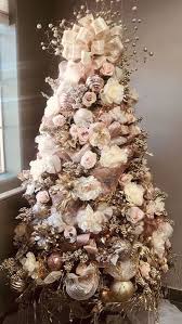 Christmas Tree Ribbon Decorated With Faux Roses And Flowers Rose Gold Orn In 2020 Rose Gold Christmas Decorations Pink Christmas Decorations Gold Christmas Decorations