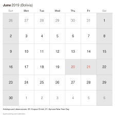 June 2019 Calendar Bolivia