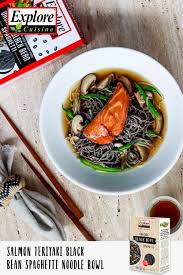 Salmon Teriyaki Black Bean Spaghetti Noodle Bowl Explore Cuisine Recipe Black Bean Spaghetti Black Bean Spaghetti Noodles Main Course Dishes