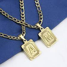 Memgift 18k Real Yellow Gold Initial Letter Men Necklace Rectangle Capital Pendant Monogram A Z Gold Letter Necklace Initial Necklace Gold Boys Necklace