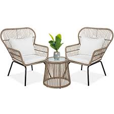 Best Choice Products 3 Piece Patio Wicker Conversation Bistro Set W 2 Chairs Glass Top Side Table Cushi In 2020 Bistro Set Glass Top Side Table Patio Furniture Sets