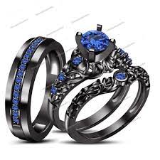 Brillant Rd Sapphire 14k Black Gold Fn 925 Silver His Her Wedding Trio Ring Set Weddingengagemnet Black Gold Jewelry Blue Wedding Rings Wedding Ring Trio Sets