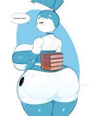 nsfwskully, jenny wakeman, my life as a teenage robot, highres, 1girl,  android, ass, blue hair, book, book stack, boots, breasts, choker, huge  ass, huge breasts, joints, large breasts, looking back, object on