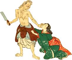 包丁を持ち出す上半身裸の老婆と奇行を止める女性の和風のイラスト素材 | Ukiyoe Stock