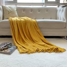Mustard yellow sofa knit throw blanket fringe blanket travel home sofa chair. 51x63 Lomao Flannel Blanket With Pompom Fringe Lightweight Cozy Bed Blanket Soft Throw Blanket Fit Couch Sofa Suitable For All Season Mustard Yellow Blankets Throws Home Kitchen Femsa Com