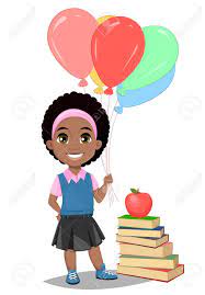 Back To School. Cute Afro-American Girl In Casual Clothes With Helium  Balloons Standing Near Stack Of Books. Pretty Little Schoolgirl. Cheerful  Cartoon Character. Vector Illustration Royalty Free SVG, Cliparts, Vectors,  and Stock