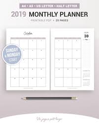 2019 Monthly Planner 2019 Monthly Calendar Printable Planner Month On 2 Pages Sunday And Monday St Monthly Planner Monthly Calendar Printable Planner Pages