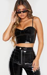 Black Vinyl Strappy Back Crop Top Vinyl Clothing Crop Tops Sassy Outfit