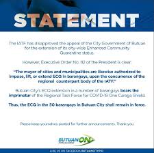 Apr 03, 2021 · [translation: Statement The Iatf Has Disapproved The Appeal Of The City Government Of Butuan For The Extension Of Its City Wide Enhanced Community Quarantine Status Butuan