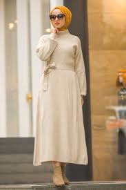 Neva Style Neva Style Balon Kol Bej Tesettur Triko Elbise 15628bej Teset Tesettur Triko Modelleri 2020 In 2020 Fashion Dresses High Neck Dress