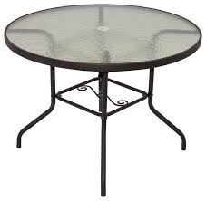 If you don't have a large household, you can include side tables for the same convenient purpose. Rio Brands Sienna Metal Round Patio Glass Top Table Brown 40 Inch Transitional Outdoor Dining Tables By Esbenshades Greenhouses Houzz