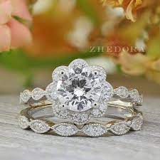 Flower Engagement Ring Set Halo Wedding Set Art Deco Band Etsy Flower Engagement Ring Set Wedding Ring Sets Engagement Wedding Ring Sets