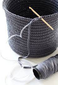 Crochet Ribbon Over Plastic Tubing Basket Tig Isleri Tig Desenleri Sepetler