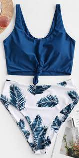 Leaf Print Knot Mix And Match Tankini Swimsuit Trendy Swimsuits Tankini Swimsuits For Women Cute Bathing Suits