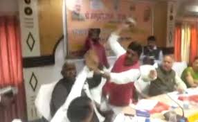 Uttar Pradesh Sant Kabir Nagar Bjp S Sharad Tripathi Rakesh Baghel Thrash Each Other With Shoes Bjp mp beats party mla with shoe in up's sant kabir nagar. watch bjp lawmakers thrash each other with shoes in fight for credit