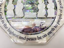 The finish is waterbased minwax clear gloss varnish. Nativity Wall Plaque Made Out Of Mother Pearl And Abalone Shell Bethlehem Wood Carving