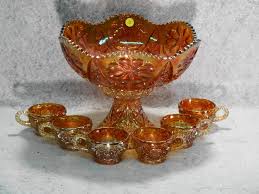 Is there any value or must these sets be totally without flaws? Lot 8pc Vintage Marigold Carnival Glass Punch Bowl Set