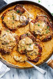 Pork is actually not just for dinner, it is a healthy choice for lunch, snack, salad and of course, a hearty meal. Garlic Pork Chops Recipe In Creamy Mushroom Sauce How To Cook Pork Chops Eatwell101