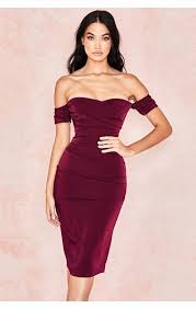Anaelle Wine Crepe Off Shoulder Dress Bandage Dress Bodycon Fancy Dress Short Celebrity Style Dresses
