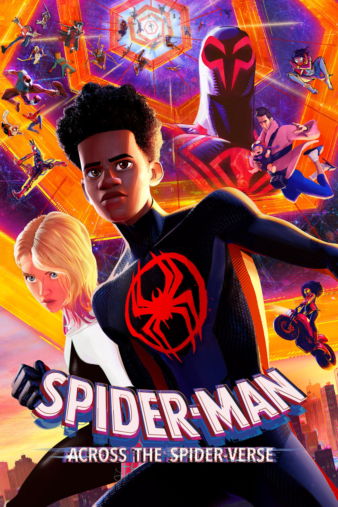 Miles Morales and all of the Spider-beings standing in front of a colorful city backdrop