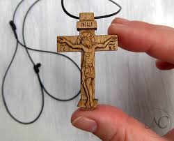 This cross necklace is made of tinted pear wood. Byzantine Greek Orthodox Cross Necklace Made Of Olive Wood Holiday Seasonal Collectibles