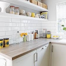 White Kitchen With Metro Tiles And Open Shelves Ideal Home White Kitchen Decor Small White Kitchens White Kitchen Tiles