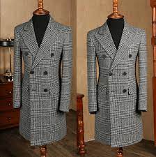 Mens Houndstooth Long Trench Coat Double Breasted Outwear Peak Lapel Jacket Suit Specialty Wedding Formal Occasion