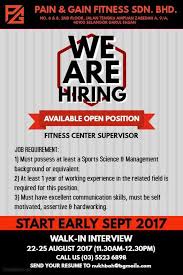 Sila hantar resume anda ke amirrulx5@gmail.com atau untuk temuduga terus sila hubungi 012 2252206. Immediate Hiring Fitness Kerja Kosong Shah Alam ÙÙŠØ³Ø¨ÙˆÙƒ