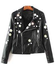 Floral Embroidered Lapel Collar Faux Leather Jacket Black Leather Jacket Faux Leather Jackets Leather Jackets Women