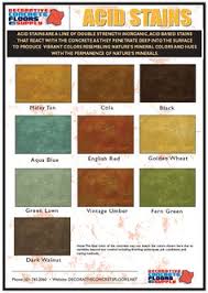 A solution of 40 parts water to 1 part muriatic acid, a scrub brush and cotton rags will help remove the stain. Acid Stain Color Charts