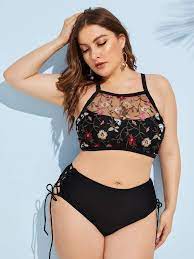 Plus Embroidery Contrast Mesh Lace Up Bikini Set Plus Size Bikini Bikinis Bikini Set
