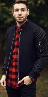Fall Fashion Inspiration With A Black Bomber Jacket Red Buffalo Plaid Flannel Shirt Black Denim Model Fall Outfits Men Mens Fashion Fall Stylish Mens Fashion