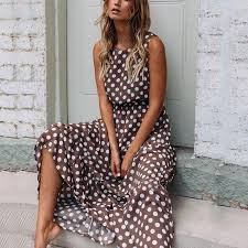 Shop Maxi Dresses Coffee Polka Dots Round Neck Casual Maxi Dresses Online Discover Unique Polka Dot Maxi Dresses Polka Dot Long Dresses Maxi Dresses Casual