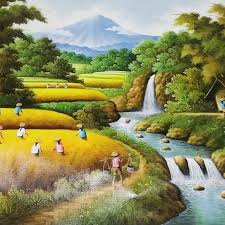 Gambar sketsa lukisan air terjun sobsketsa. Lukisan Tema Pemandangan Alam Panen Padi Dengan Air Terjun Shopee Indonesia