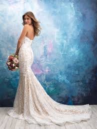 Style 9550 Dreamlike Florals And Patterns Blend In This Strapless Sheath Finished Allure Bridal Wedding Dress Wedding Dresses Strapless Wedding Dresses Lace