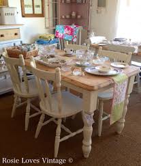 Shabby Chic Vintage Farmhouse Pine Table And Four Painted Chairs At Rosielovesvintage Co U Shabby Chic Dining Tables Painted Dining Table Dining Table Makeover