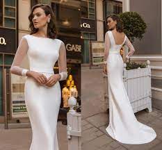 Simple Elegant Mermaid Satin Wedding Dresses Boho Corest Back Bride Gowns Long Sleeves Sweep Train Vestidos De Mairee Wedding Dresses Aliexpress