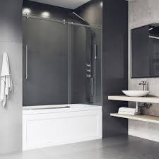 Find shower and tub doors at wayfair. Vigo Luca 60 In X 58 In Adjustable Frameless Sliding Tub Door In Stainless Steel With Handle Vg6043stcl6058 The Home Depot Small Bathroom Bathtub Doors Shower Doors
